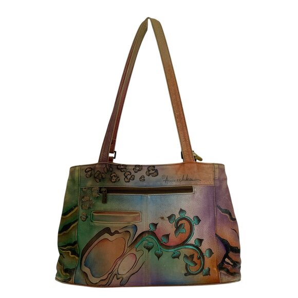 Anuschka Painted Butterfly Leather Hobo Shoulder Bag Zip Top Purse Dual Straps - Picture 2 of 16